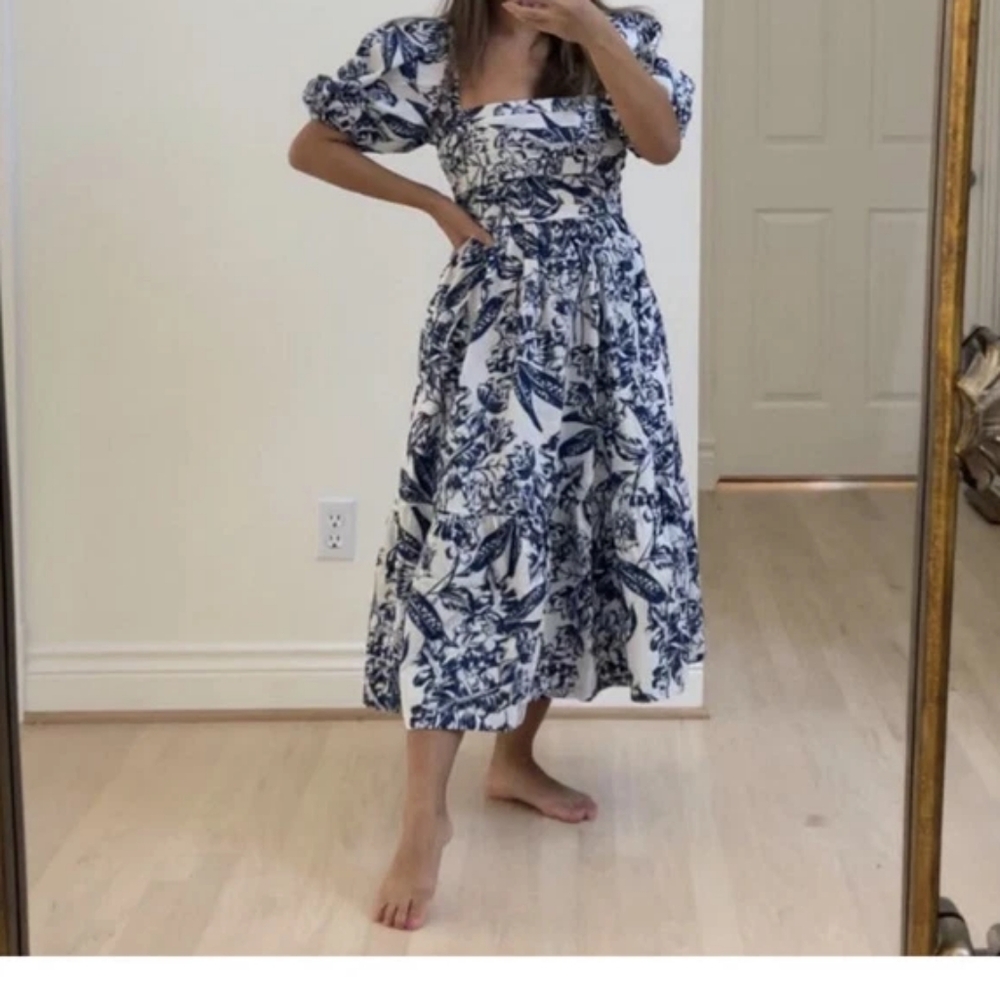 ABERCROMBIE Emerson Poplin Puff Sleeve Midi Dress Whitefloral/blue. NO L… - Picture 3 of 15